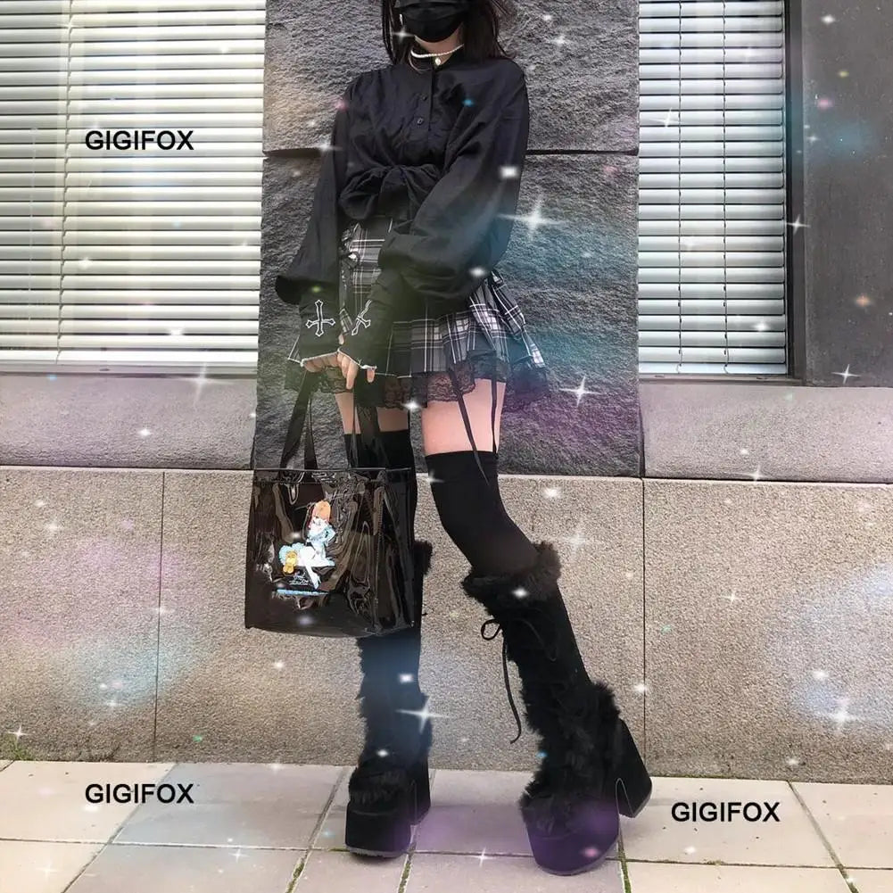 Platform Furry Boots – Chunky High Heeled Winter Autumn Knee High Boots, Women Faux Fur Zip, Gothic Style Punk Shoes Ladies