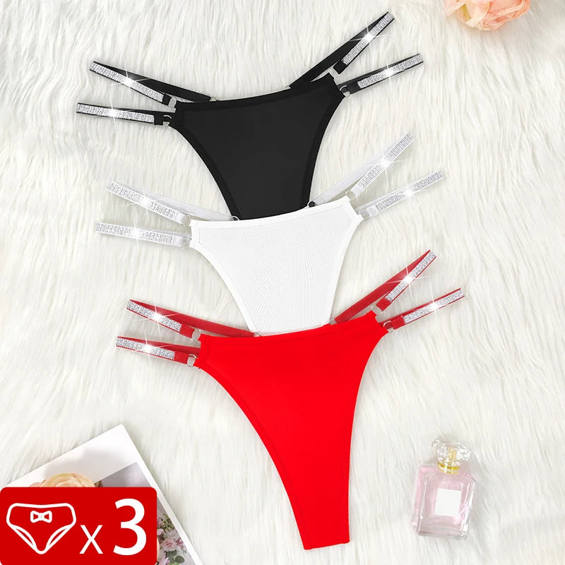 3PCS Women's Sexy Thongs – Low Rise Panties, Double Shiny Belts, Solid Color, Hollow Out, Comfortable Underwear