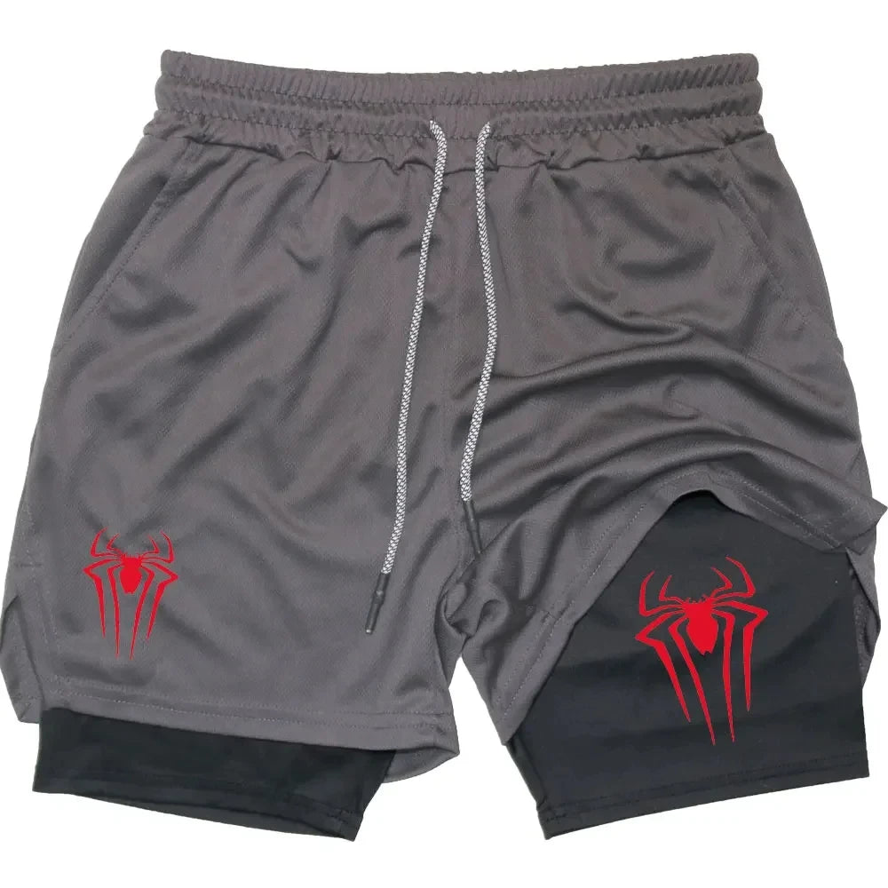 Y2K Performance Shorts Men – Spider Printed, Gym Casual Sports, Compression Shorts, Workout, Running, Mesh 2-in-1 Sport Shorts