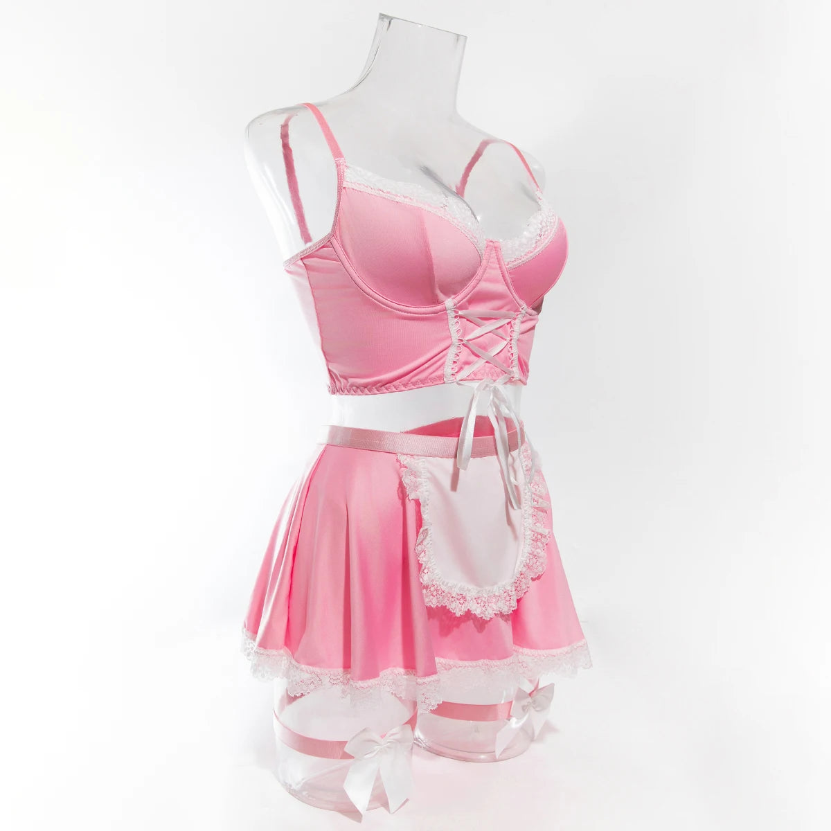 Maid Cosplay Lingerie Set – 5-Piece Sexy Lace Apron Uniform with Bow & Bandage Details