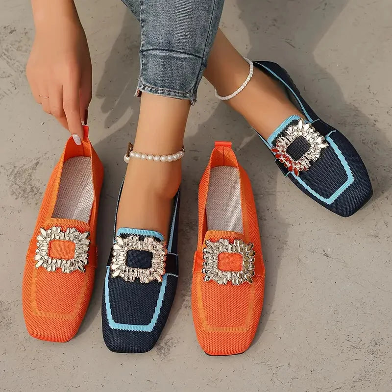 Flat Loafers - Knitting Slip-On Shoes for Women, Square Head, Breathable Fashion Flats, New Spring Collection, Large Size