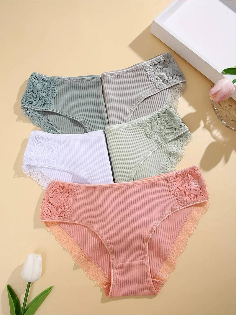 5PCS Set Women's Cotton Panties – Sexy Lace Briefs, Ribbed Lingerie, Hollow Out Design, Low Rise Underwear