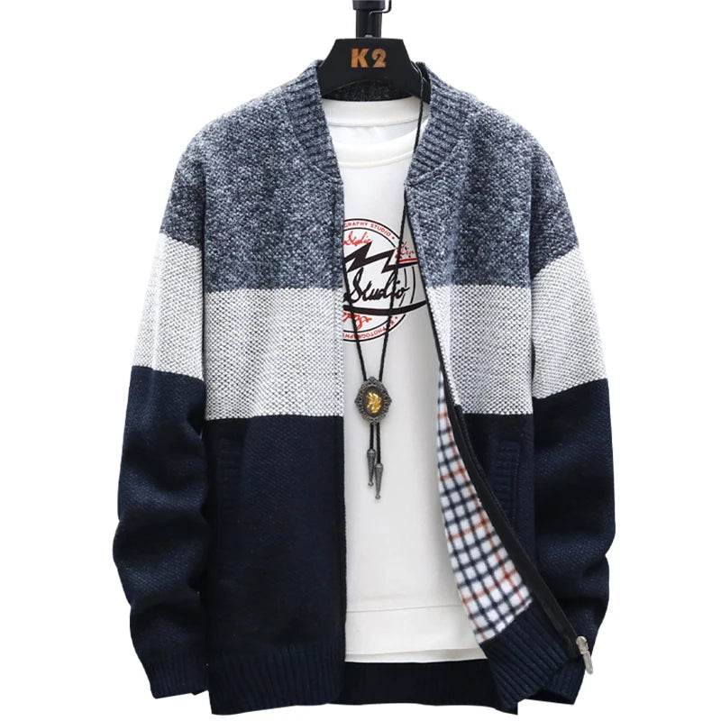 Cardigan Sweater Men – Fleece Zipper, Velvet Contrast Striped Sweater Coat, Casual Jacket for Autumn and Winter