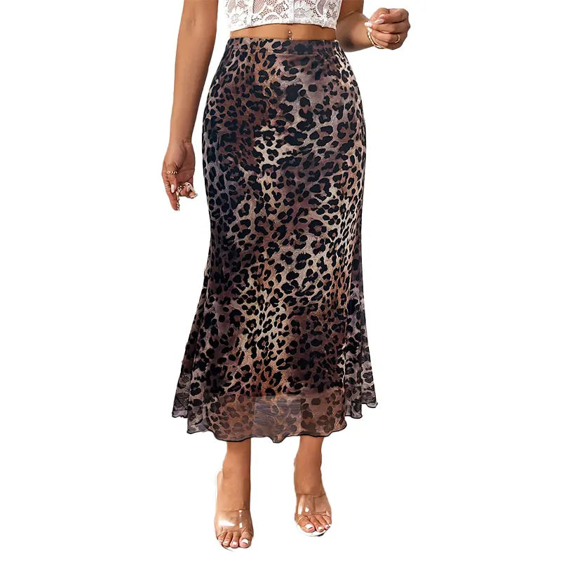 Women's High-Waisted A-Line Skirt – Classic Office Style, Loose Fit, Elegant Leopard Print, Long Skirt