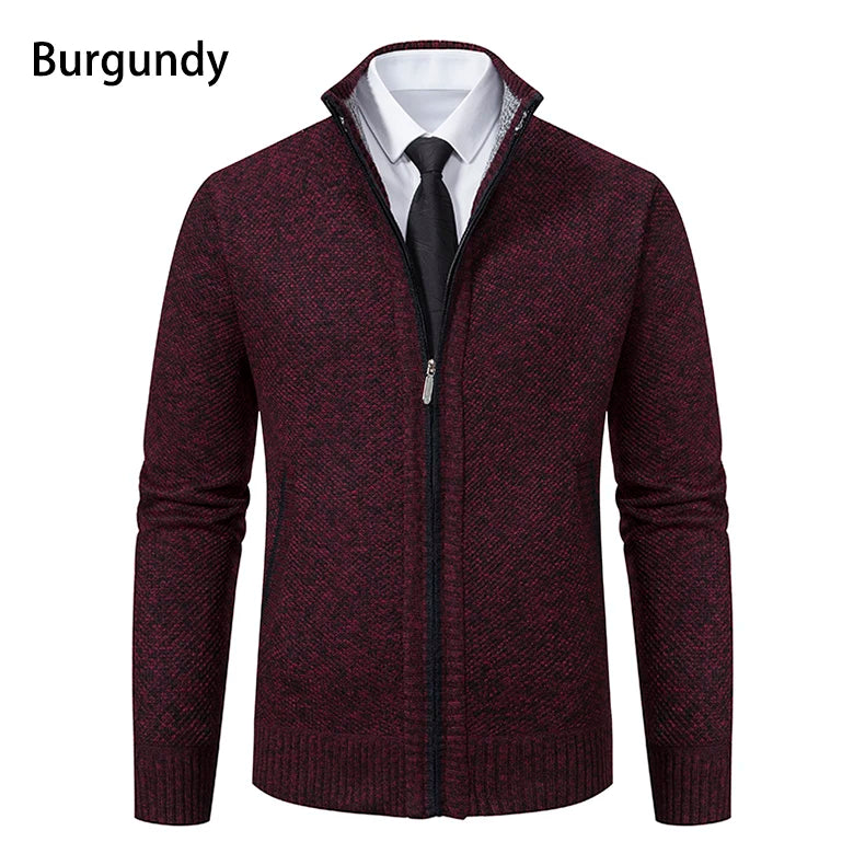 Jersey Men's Casual Sports Coat – Solid Color Stand Collar Sweater, Fleece-Lined, Warm Zipper Cardigan