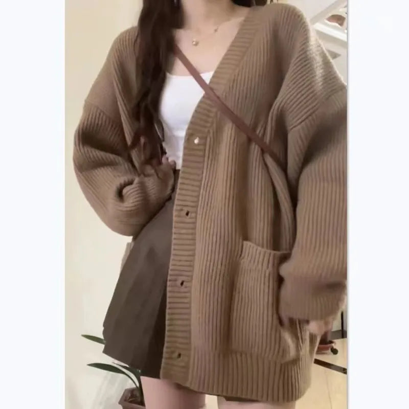 Women's Knitted Cardigan – V-Neck, Loose Fit, Long Sleeve, Casual Autumn Winter Jacket