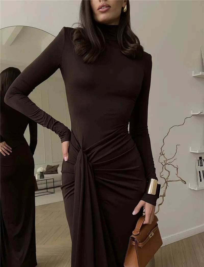 Turtleneck Thigh-High Split Maxi Dress – Sexy Long Sleeve Draped Bandage Bodycon Club Dress for Women