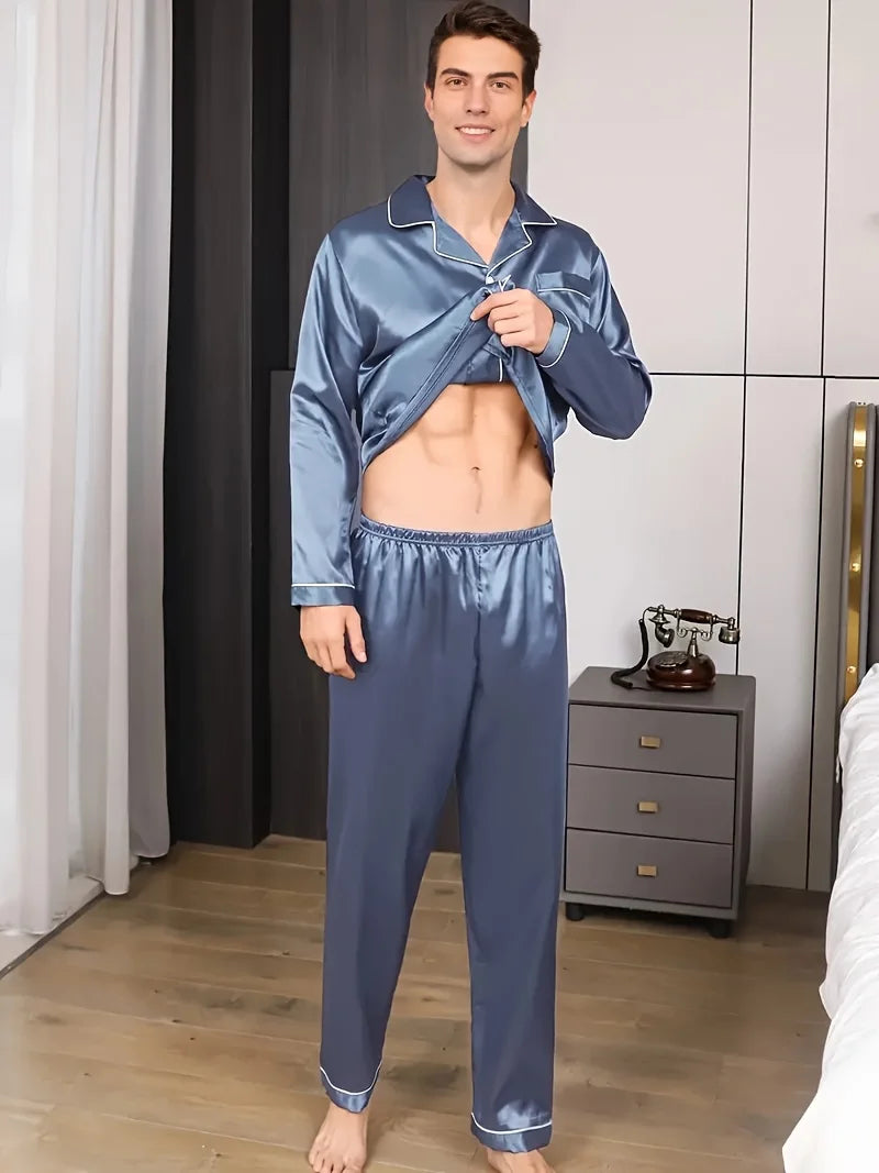 Men's Pajama Set – Microfiber Silk, Long Sleeve Shirt, Comfortable Nightwear, Plus Size Home Loungewear