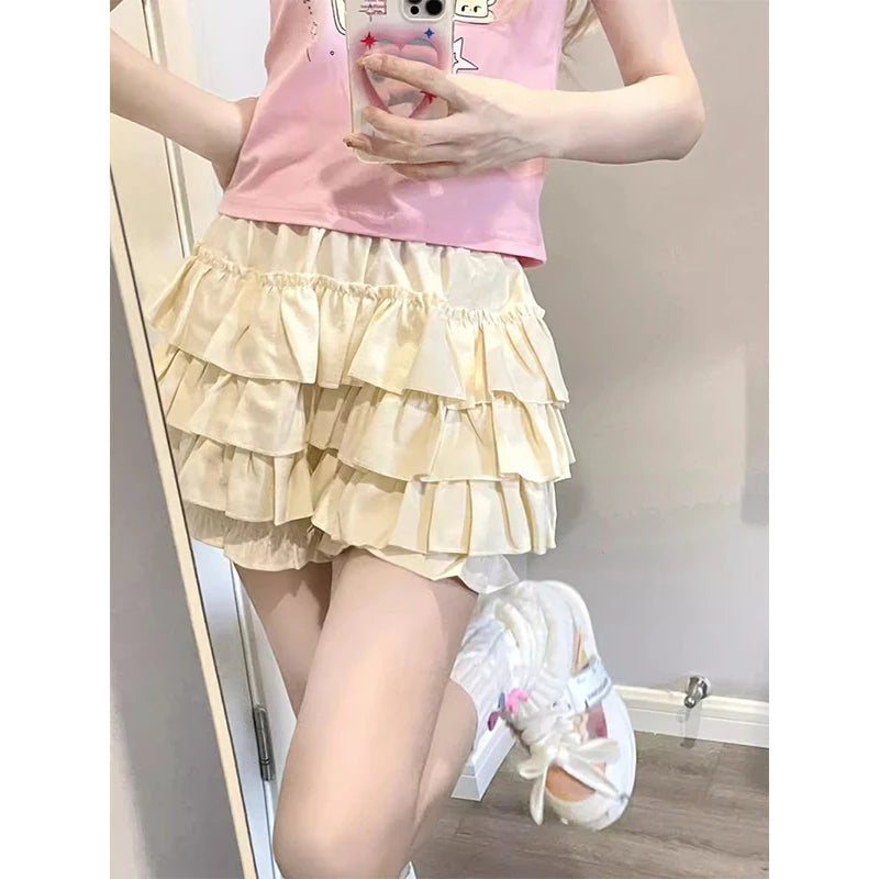 Y2K Sweet Ruffle Mini Skirt – Kawaii Lolita A-Line, Harajuku High-Waisted Bow Skirt in Pink & White