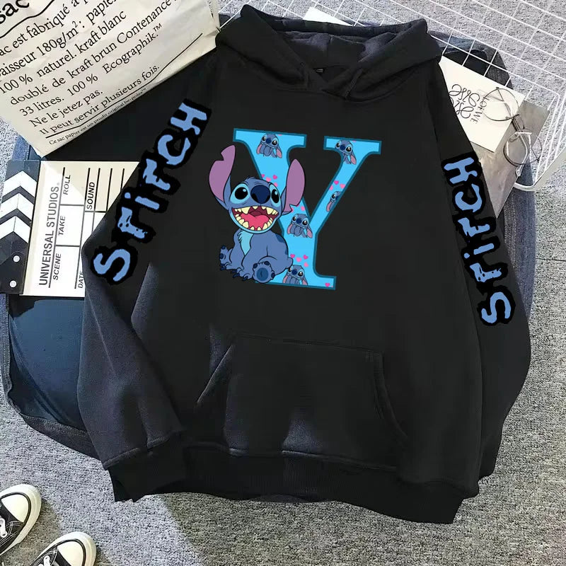 Women's Winter Disney Hoodie – Cute Kawaii Lilo & Stitch, Lucky Letter Print, Black, Fashion Couple Streetwear (Big Size)