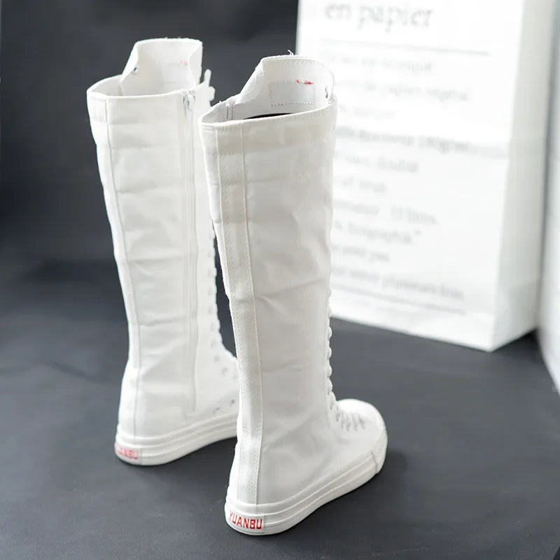 Women's Canvas Long Boots – High-Top, Lace-Up Knee-High Flats, Casual Vulcanized Sneakers