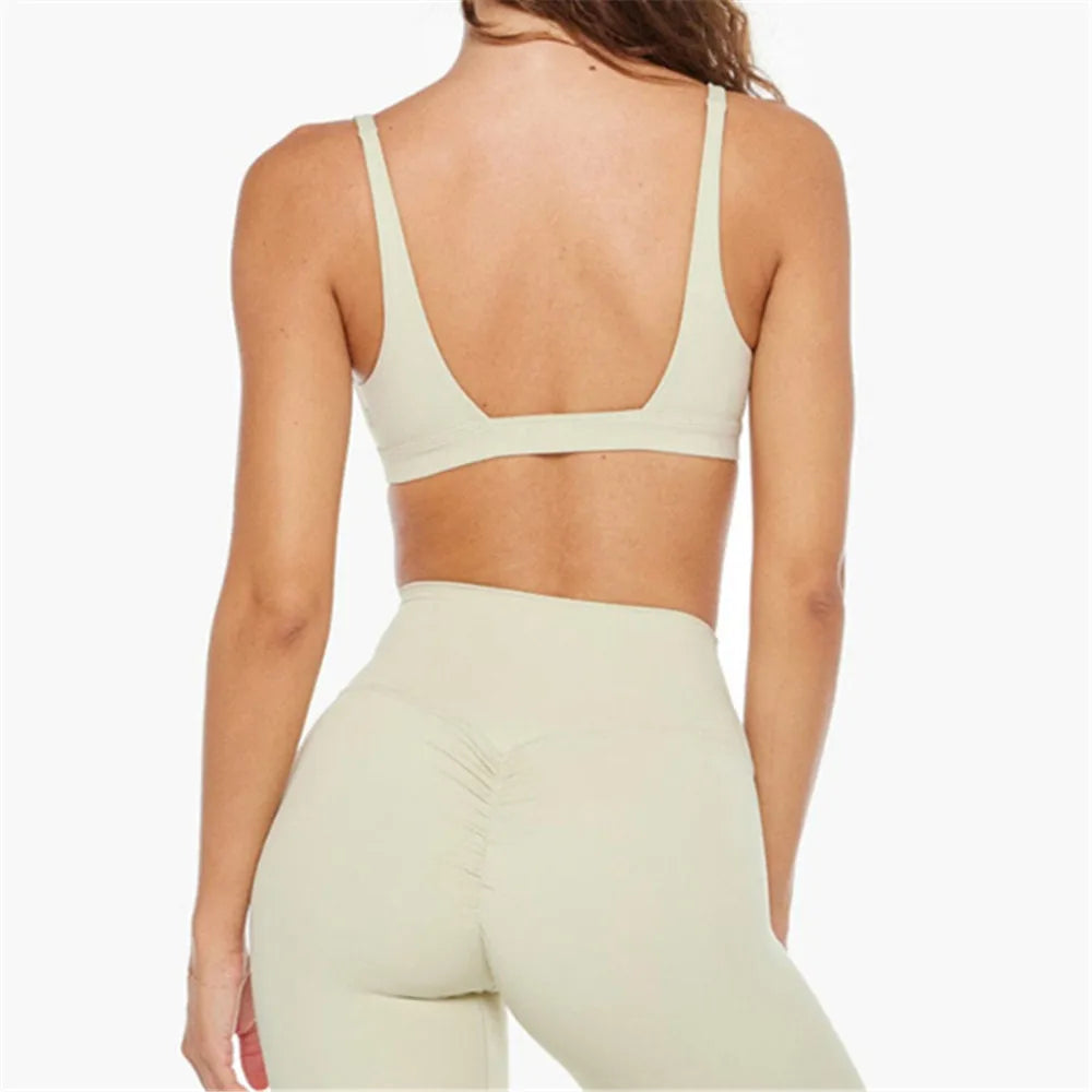 1/2PCS Nude Deep V-Neck Sports Bra & High-Waist Shorts – Women’s Yoga & Gym Workout Set