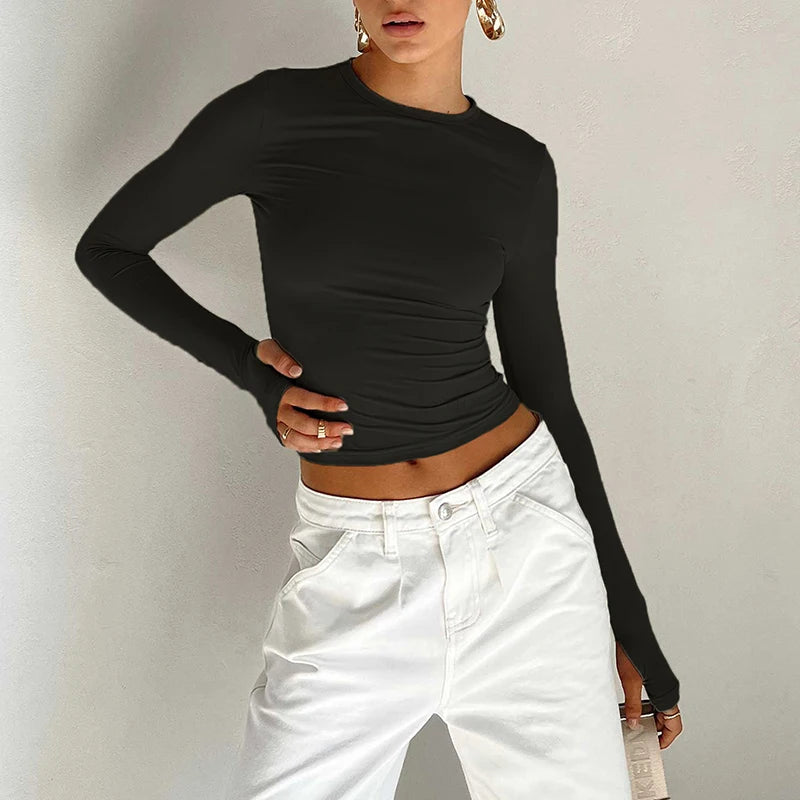 Women's Y2K Back-to-School T-Shirt – Long Sleeve, Slim Fit, Casual Pullover, Basic Streetwear for Spring & Fall
