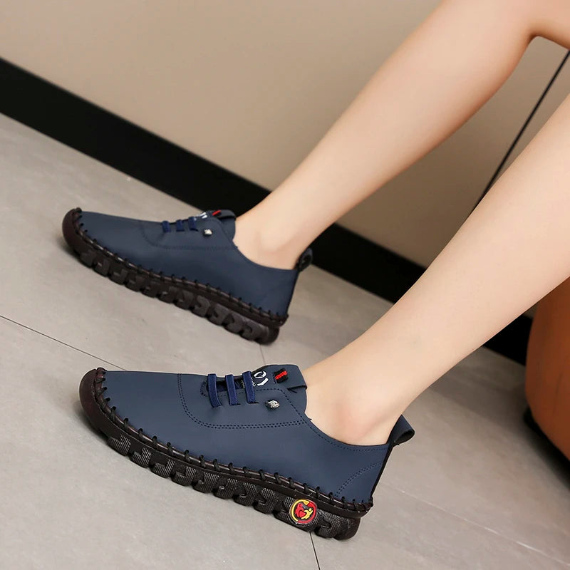 Lace-Up Leather Loafers - Flat Casual Shoes for Women, New Spring Collection, Outdoor Travel and Walking Sneakers