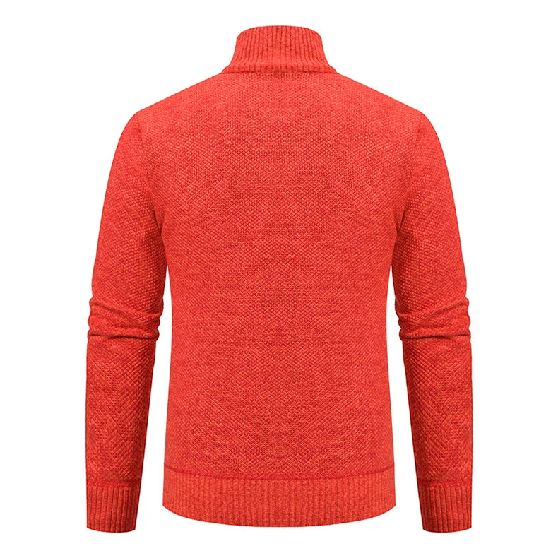 Jersey Men's Casual Sports Coat – Solid Color Stand Collar Sweater, Fleece-Lined, Warm Zipper Cardigan