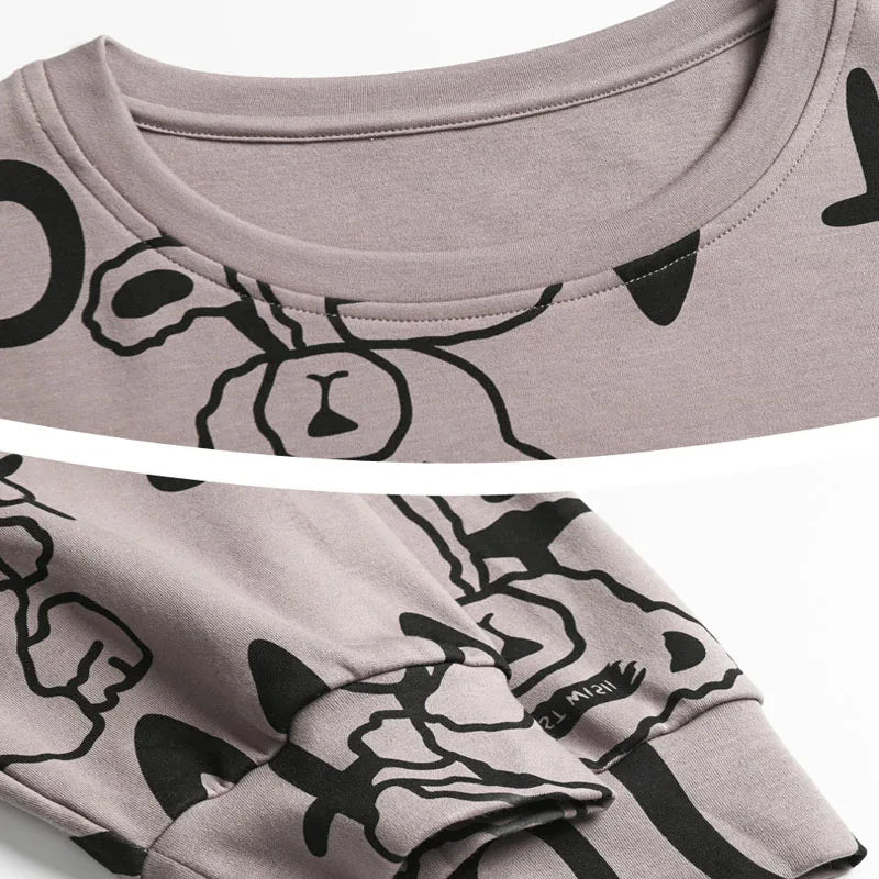 Men's Pajamas Set – 2PCS, Plus Size, Long Sleeve, Loose Fit, Breathable, Cartoon Bear & Striped Letters, Crew Neck Loungewear