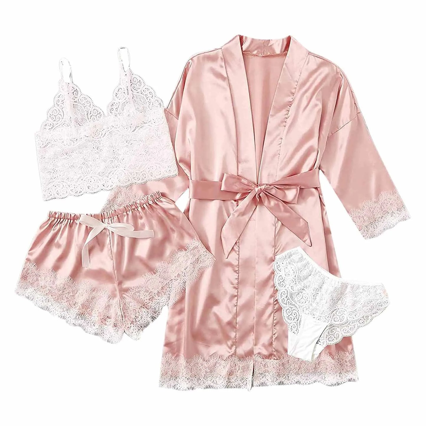 Women Fashion Pajama Print – Sexy Lace Trim Faux Silk Satin Pajama Set Gown, Skin-Friendly Comfort Loungewear, Sexy Pajamas