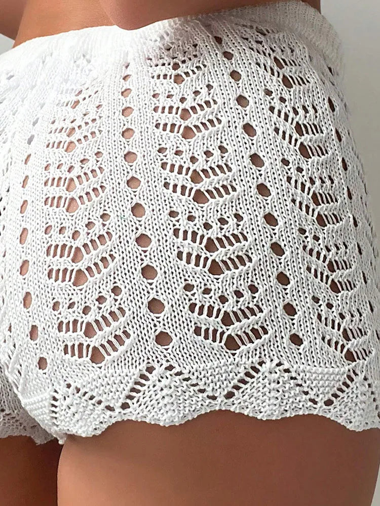 Hollow Drawstring Knitted Shorts – 100% Polyester, Open Waist, Bikini Cover-Up