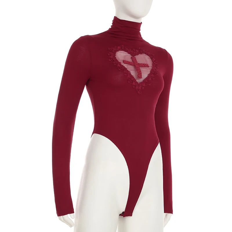 Red Skinny Bodysuit – Heart-Shaped Hollow Out, Sheer Patchwork, Full Sleeve, Vintage Chic Outfit