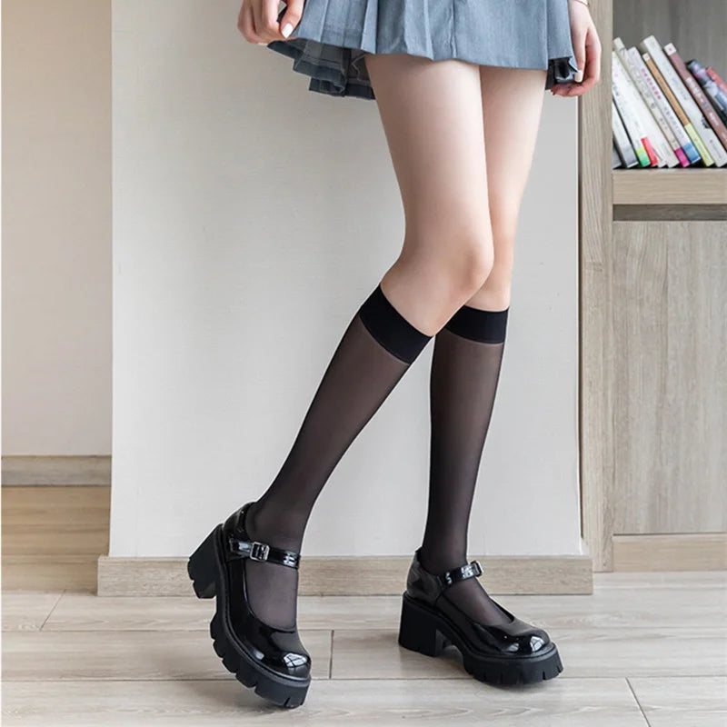 Summer Ultrathin Women's Silk Socks – Black, translucent, and stylish, with a medium calf sleeve