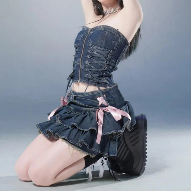 Denim Pleated A-Line Skirt – Bow Fold Design, Built-in Shorts, American Spicy Girl, Korean Fashion