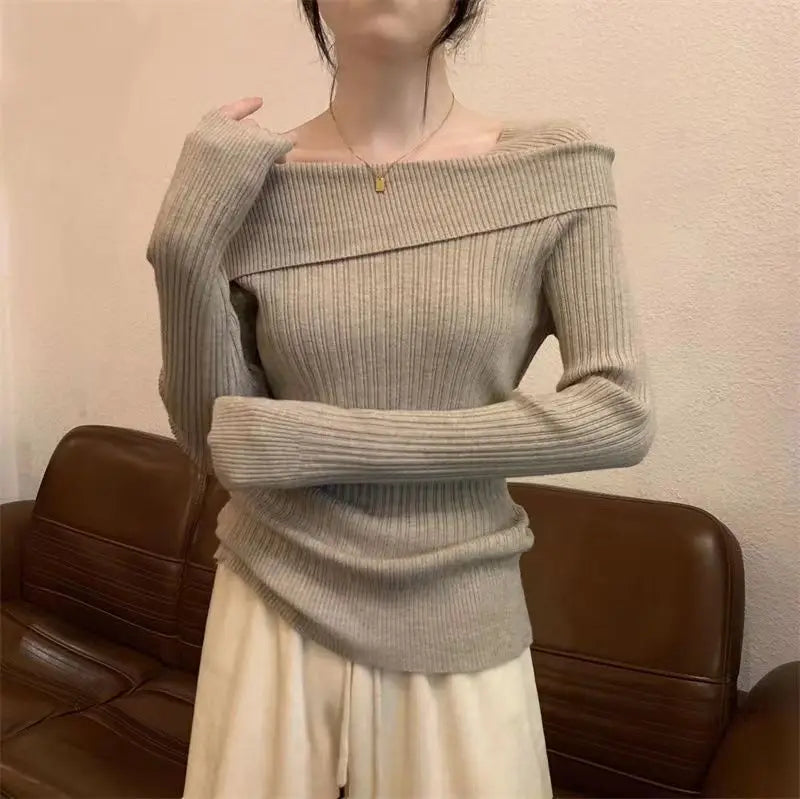Slim Off-Shoulder Knitted Sweater – Slash Neck, Long Sleeve, Sexy Office Fashion