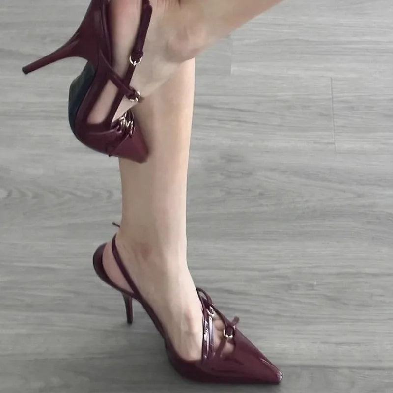 Summer High Heels – Sexy Hollow Black Silk Pointed Sandals with One-Line Buckle, Women's Shoes