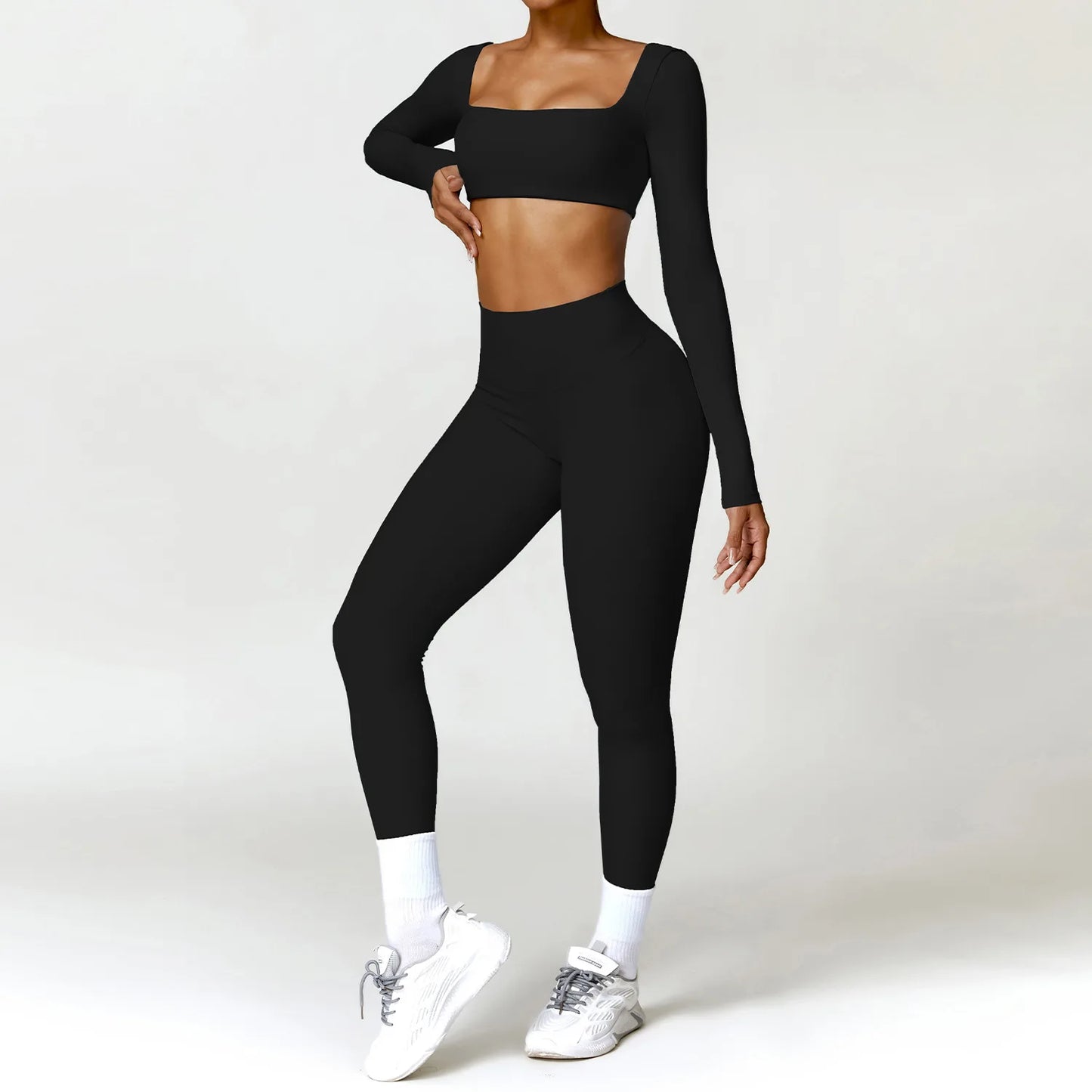 2PCS Women's Yoga & Gym Set – Quick-Dry Long Sleeve Sports Shirt & Leggings for Running & Workout
