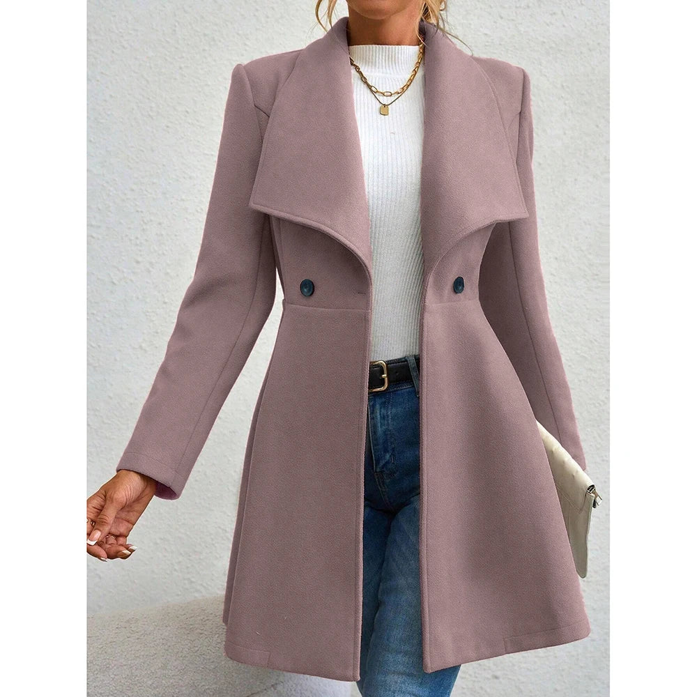 Women's Winter Coat – Solid Color, Long Sleeve, Lapel, Button-Up Workwear