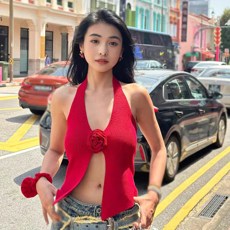 Sweet Flower Knitted Camisole – Sexy, Halter Neck, V-Neck, Backless, Slim Fit, Women's Tank Top