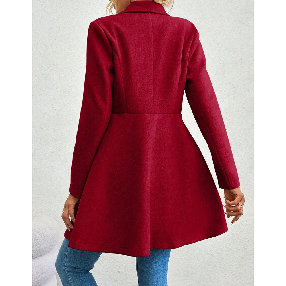 Women's Winter Coat – Solid Color, Long Sleeve, Lapel, Button-Up Workwear