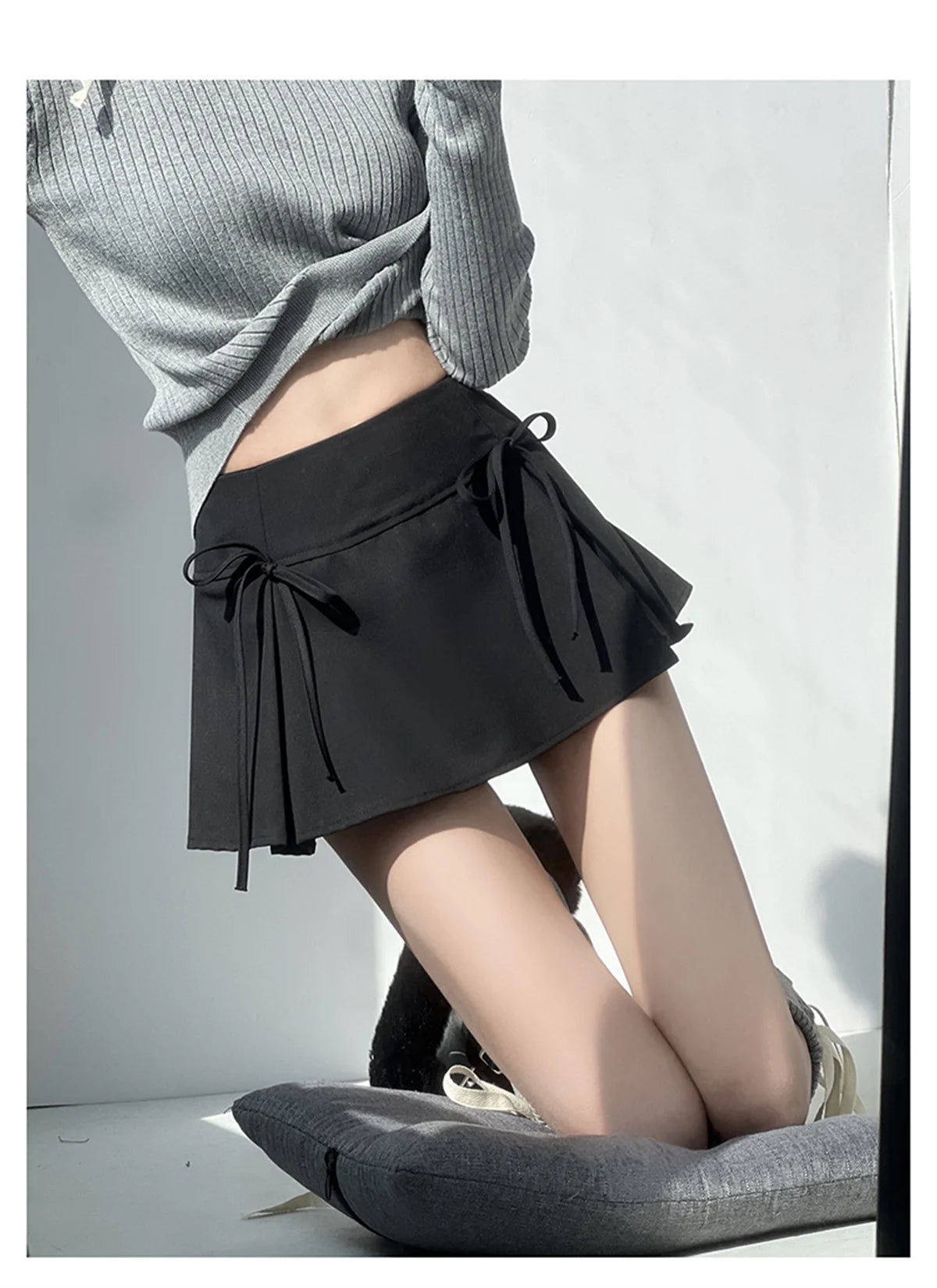 Women's Y2K Bow Skirt – Pleated A-Line, Solid Color, Harajuku Korean Preppy Style