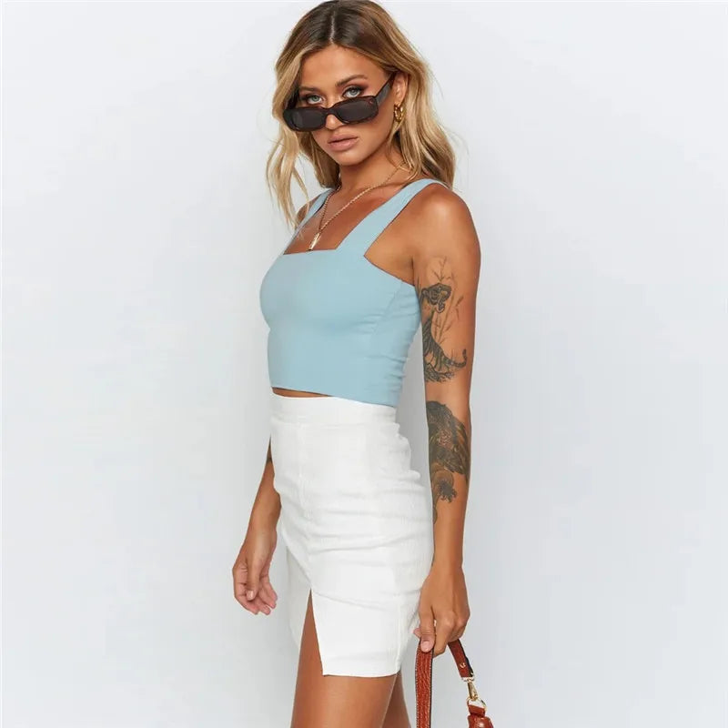 Square Neck Sleeveless Crop Top – Summer, Casual, Off-Shoulder, Cami Style, Sexy, Backless Tank