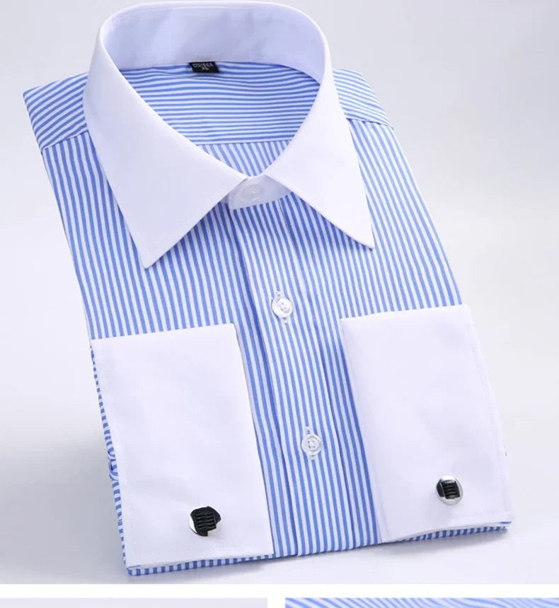 Men's French Cuff Formal Shirt – New White Long-Sleeved Business Button Shirt, Regular Fit With Cuff Buttons