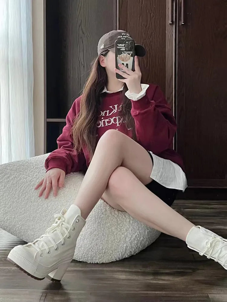 Platform Sneakers - Canvas Lace-Up Personalized Luxury Heels, Skateboard Style Casual Outdoor Fashion Shoes for Women