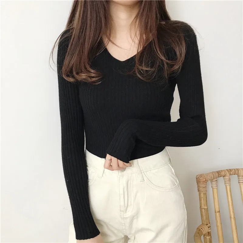 Korean V-Neck Knitted Sweater – Slim Fit, Autumn Winter Pullover, Fashion Jumper for Women