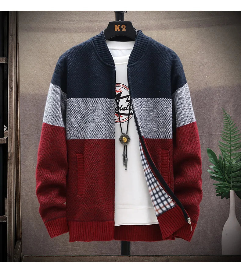 Cardigan Sweater Men – Fleece Zipper, Velvet Contrast Striped Sweater Coat, Casual Jacket for Autumn and Winter