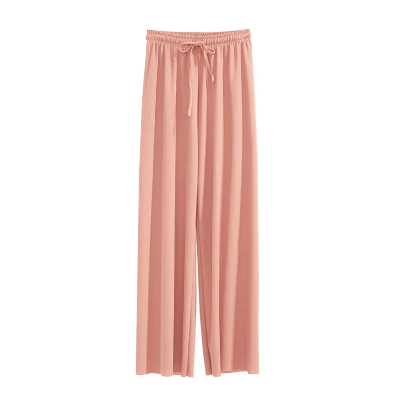 Women Ankle-Length Wide Leg Pants – Casual, Summer, Solid Color, Elastic Waist, Loose Fit, Ice Silk, Spring/Summer