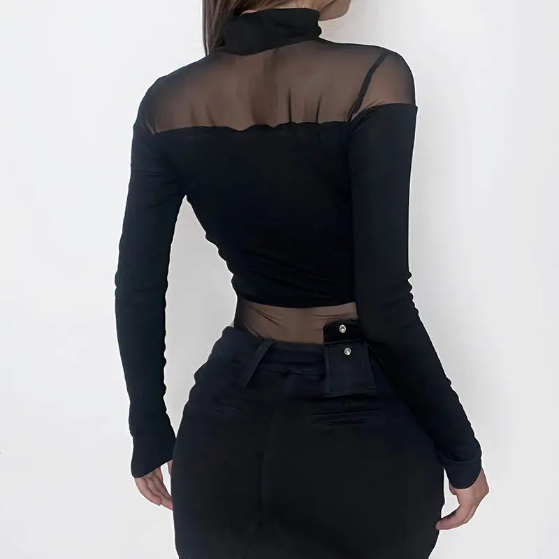 Women's Sexy Hollow Bodysuit – Long Sleeved Mesh Top, Solid Fashion, Half High Collar, Y2K Clubwear