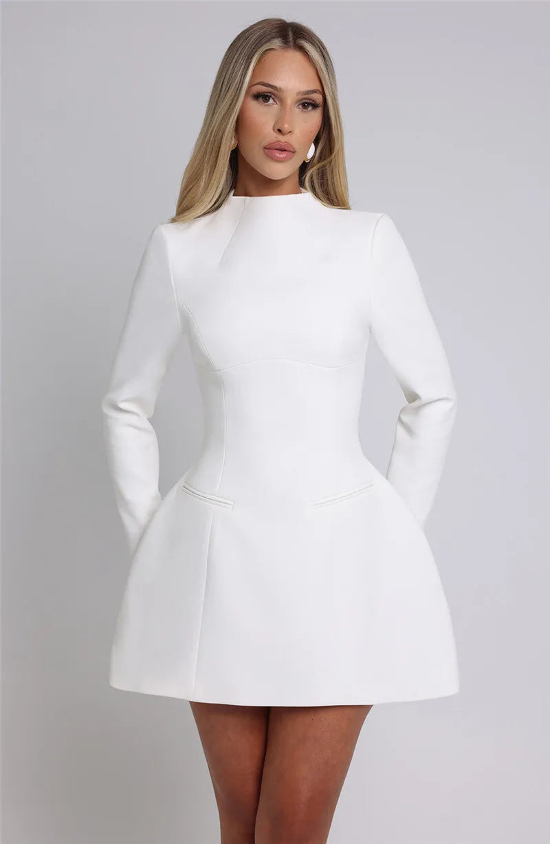 Mozision Long Sleeve Backless Mini Dress – O-Neck, High Waist, A-Line, Elegant Club Party Dress for Women