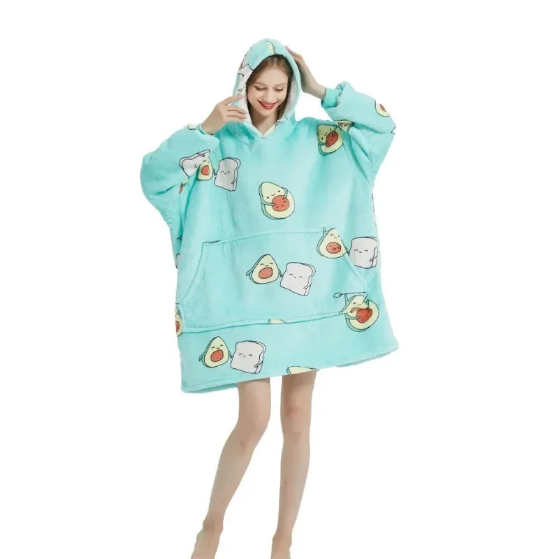 Winter Oversized Blanket Hoodie – Unisex Pullover, Fleece, Long Flannel Sleeves, Giant TV Sweatshirt