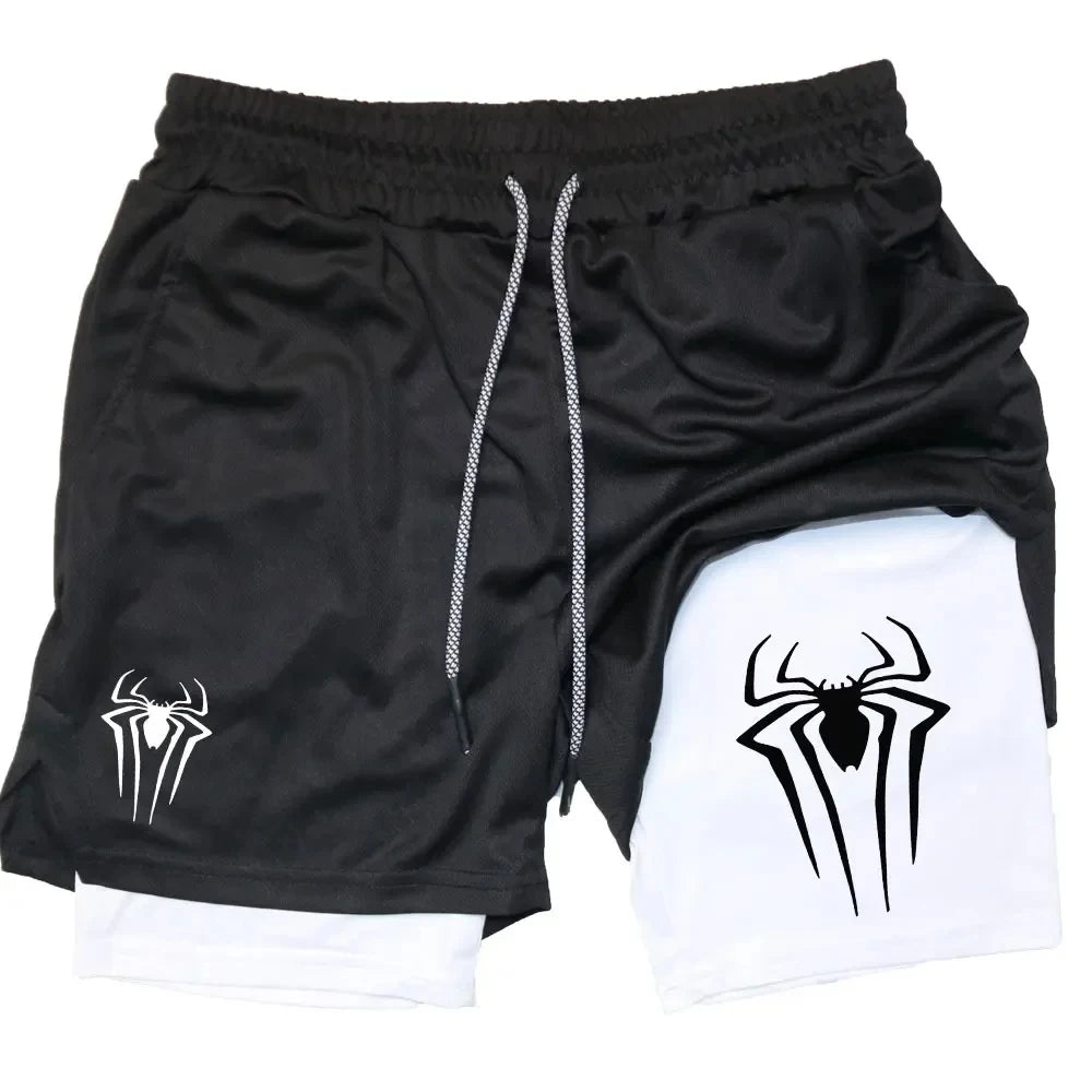 Y2K Performance Shorts Men – Spider Printed, Gym Casual Sports, Compression Shorts, Workout, Running, Mesh 2-in-1 Sport Shorts