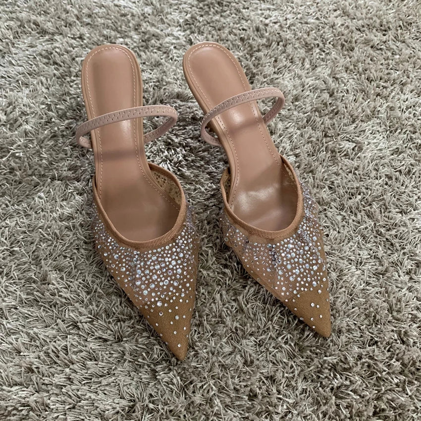 Summer Women's Sandals – Rhinestone Mesh High Heels, Elegant Slingback Pointed Slip-On Party Pumps