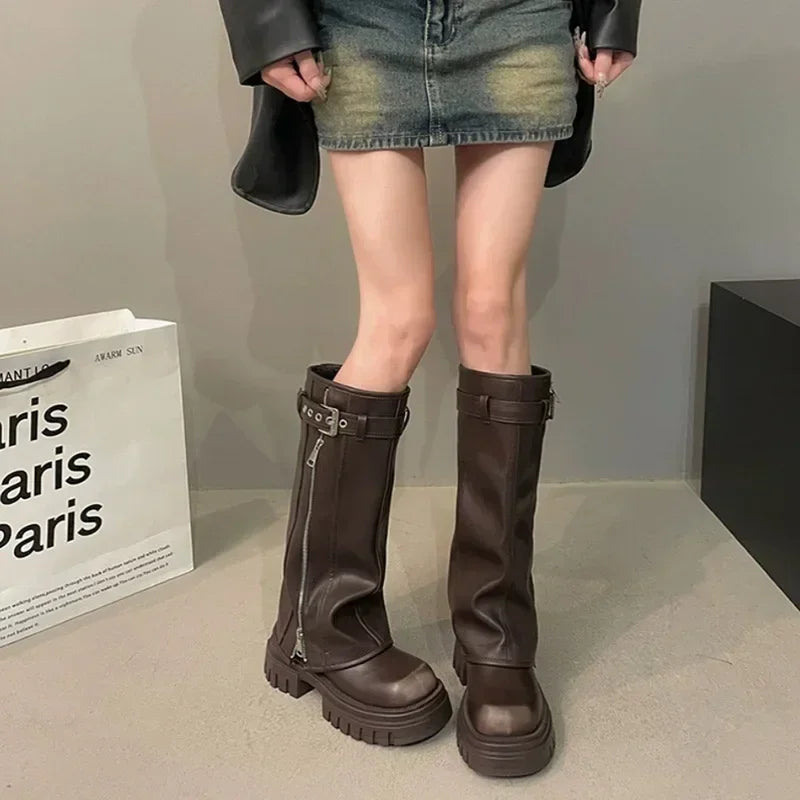 Winter Women Biker Boots – Fashion Belt Buckle, Elegant Platform Knee-High Booties for Ladies