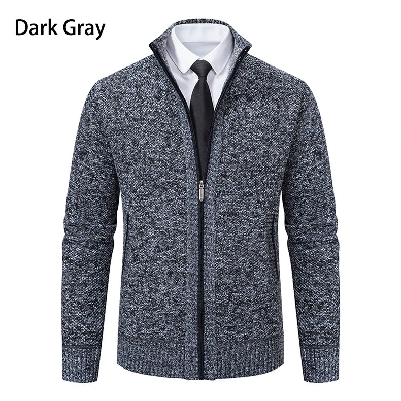 Jersey Men's Casual Sports Coat – Solid Color Stand Collar Sweater, Fleece-Lined, Warm Zipper Cardigan