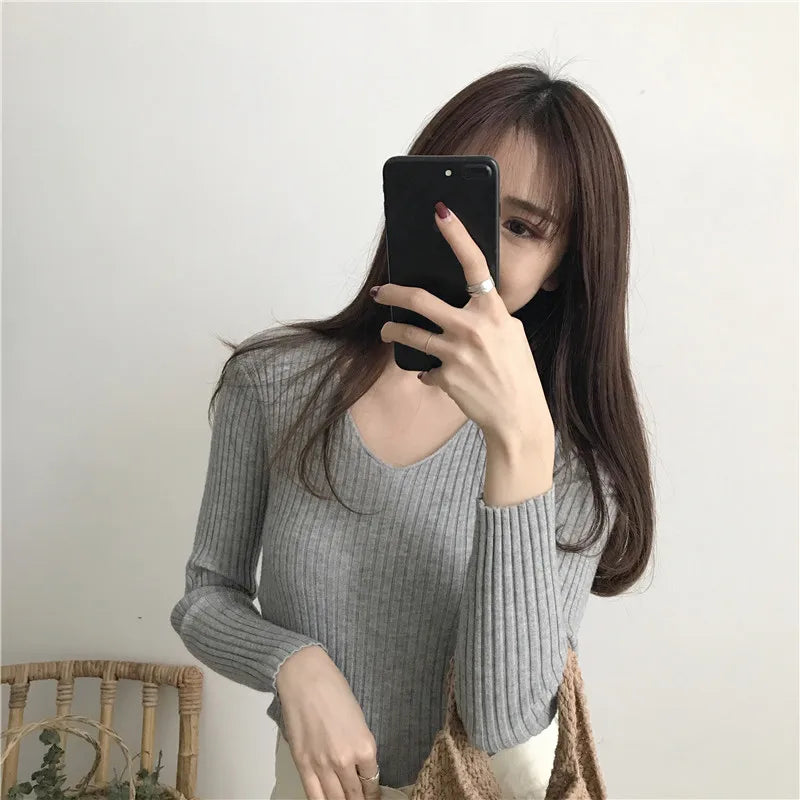 Korean V-Neck Knitted Sweater – Slim Fit, Autumn Winter Pullover, Fashion Jumper for Women