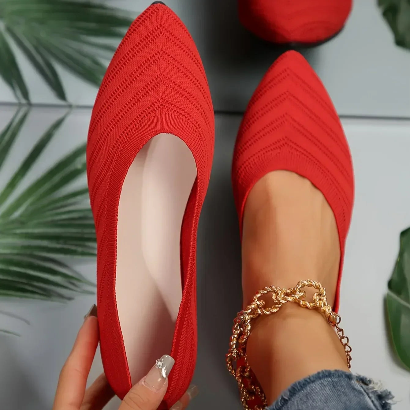 Pointed Toe Flats - Solid Color Knitted Slip-On Office Shoes, Casual Ballet Flats, Women's Loafers, Zapatos de Mujer