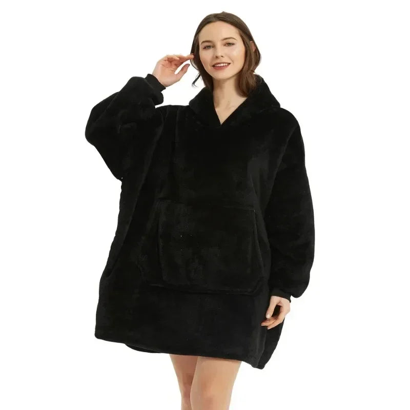 Winter Oversized Blanket Hoodie – Unisex Pullover, Fleece, Long Flannel Sleeves, Giant TV Sweatshirt