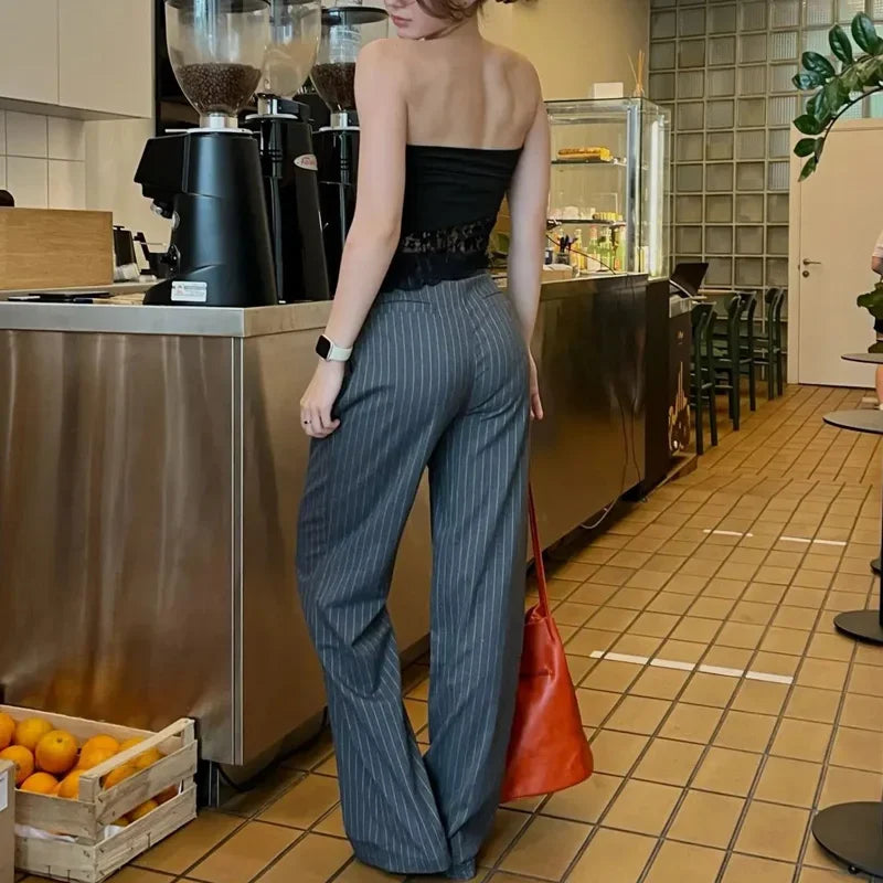 Women's Formal Pants – Office Wear, Striped Design, Grey/Black, High Waist, Baggy Fit, Suit Style, Casual Wide Leg