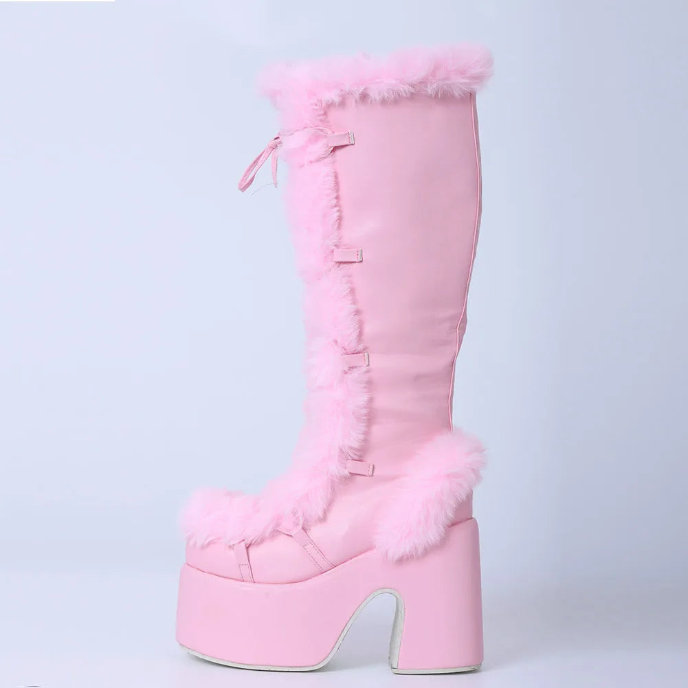 Platform Furry Boots – Chunky High Heeled Winter Autumn Knee High Boots, Women Faux Fur Zip, Gothic Style Punk Shoes Ladies